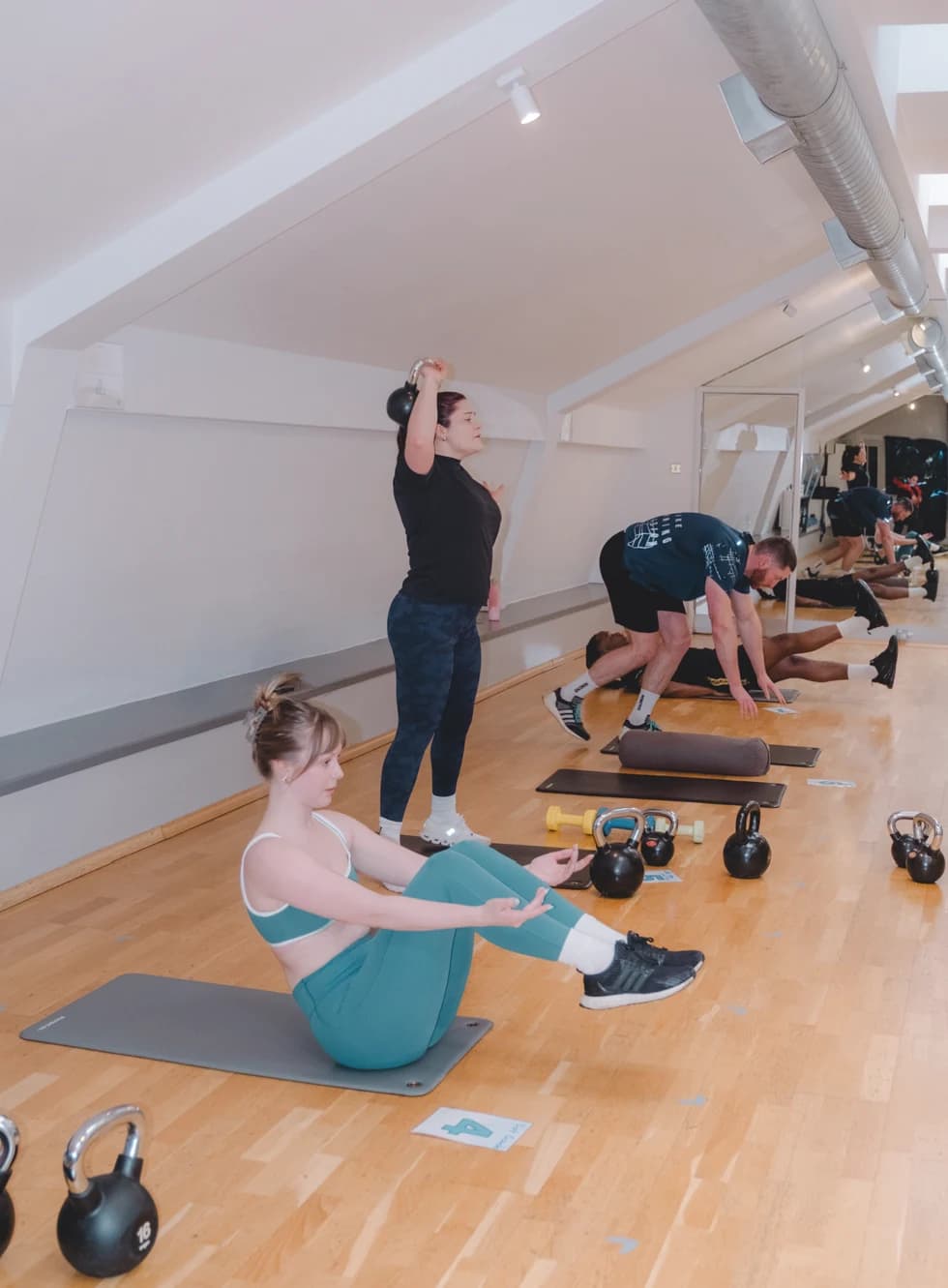 Group HIIT class using kettlebells at Body Works West